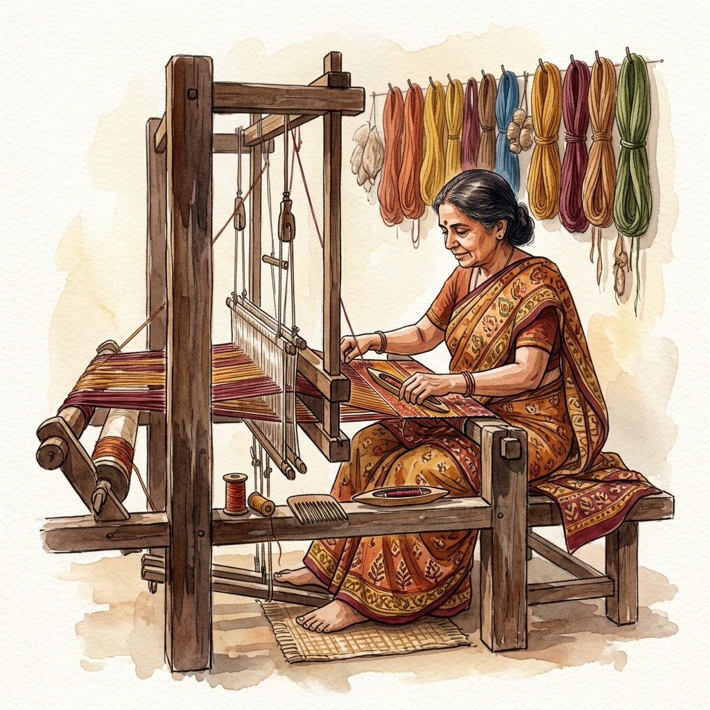 Indian artisan weaving at a traditional handloom, surrounded by colorful threads and textiles
