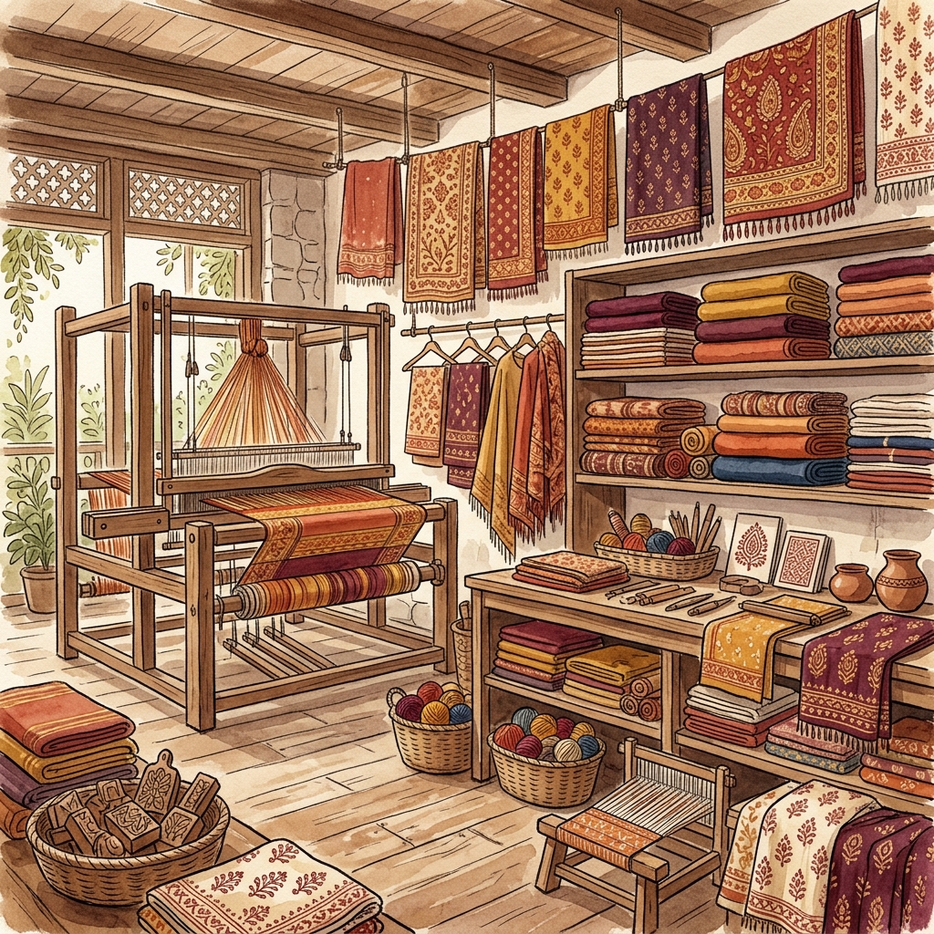 A warm textile workshop scene with handloom, colorful fabric bolts and hanging textiles